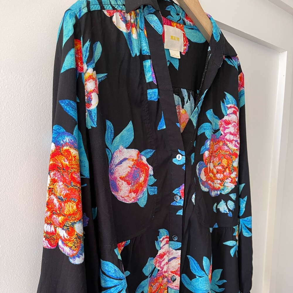 Maeve Anthropologie Bright Floral on Black Woodland Walk Top - size 10